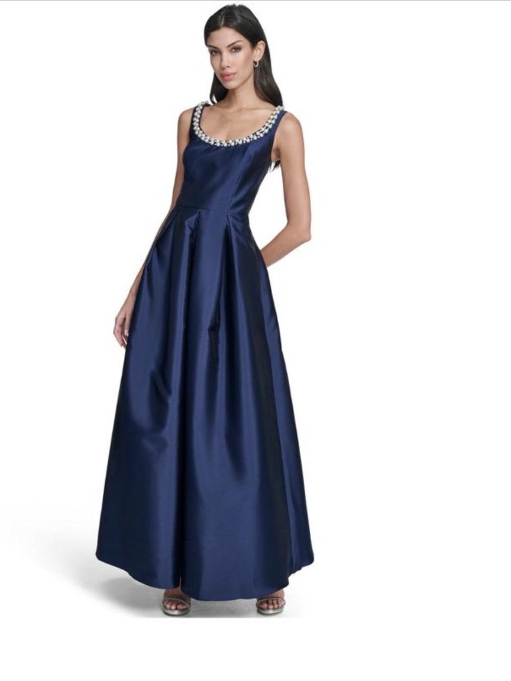 Eliza J Navy Jewel-Trim Sleeveless Maxi Gown